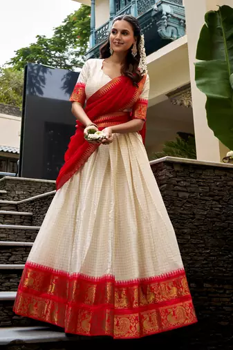 Charming White Zari Weaving Cotton Festive Wear Half Saree Lehenga