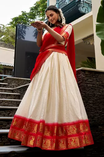 Charming White Zari Weaving Cotton Festive Wear Half Saree Lehenga