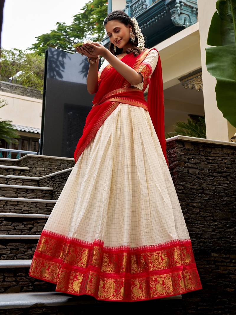 Charming White Zari Weaving Cotton Festive Wear Half Saree Lehenga