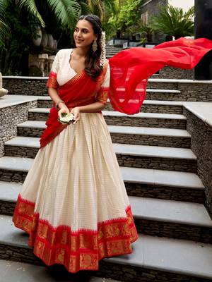Charming White Zari Weaving Cotton Festive Wear Half Saree Lehenga 3