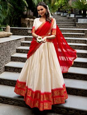 Charming White Zari Weaving Cotton Festive Wear Half Saree Lehenga 4