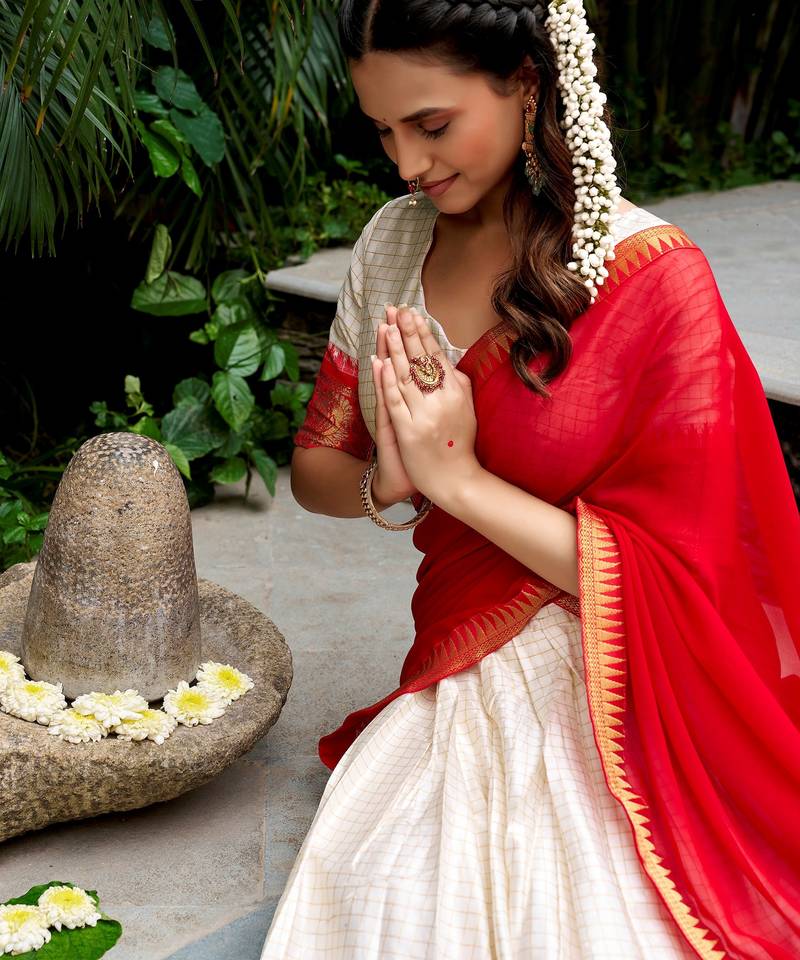 Charming White Zari Weaving Cotton Festive Wear Half Saree Lehenga