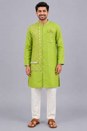 Lime green woven cotton silk Men Kurta Set