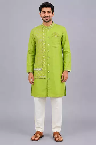 Lime green woven cotton silk Men Kurta Set