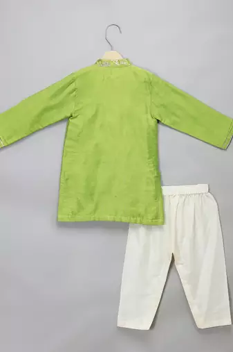 Lime green woven cotton silk Men Kurta Set
