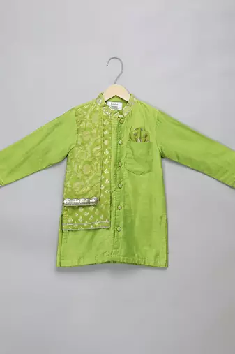 Lime green woven cotton silk Men Kurta Set