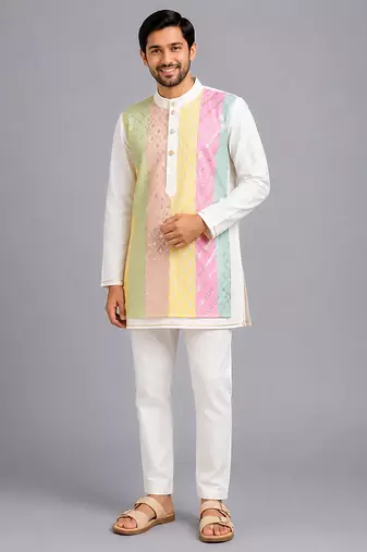 multicolor gota patti embroidered cotton silk men kurta set