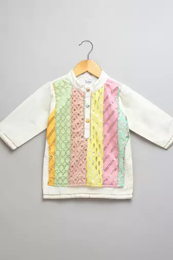 multicolor gota patti embroidered cotton silk men kurta set