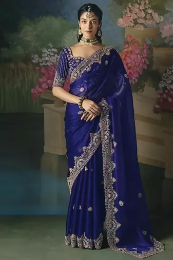 Blue premium fancy heavy beads work saree