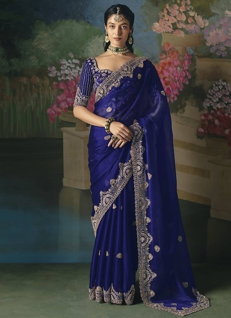 Blue premium fancy heavy beads work saree