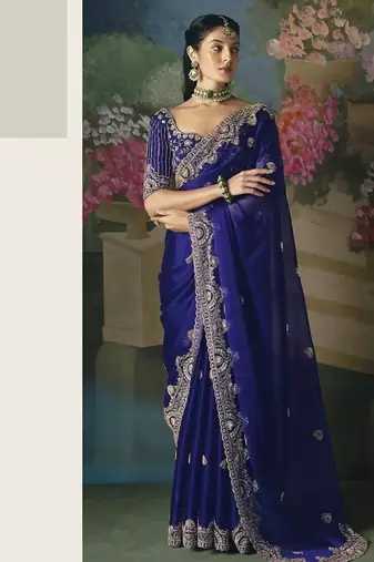 Blue premium fancy heavy beads work saree