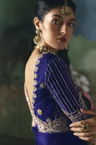 Blue premium fancy heavy beads work saree