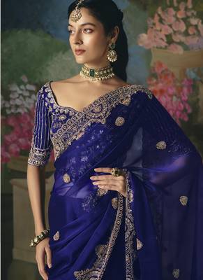 Blue premium fancy heavy beads work saree 5