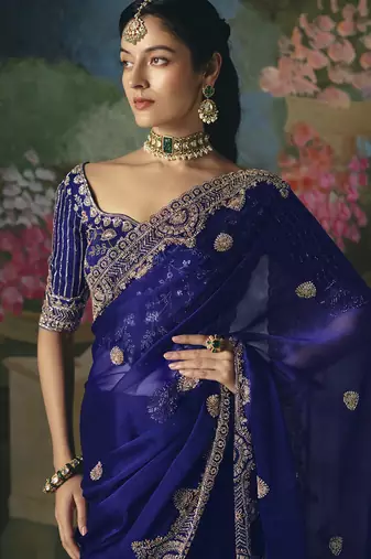 Blue premium fancy heavy beads work saree