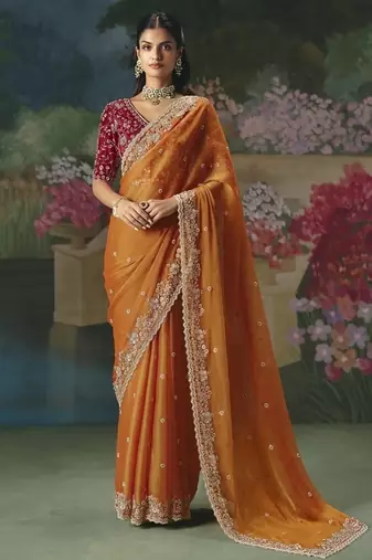 Orange premium fancy heavy beads work saree