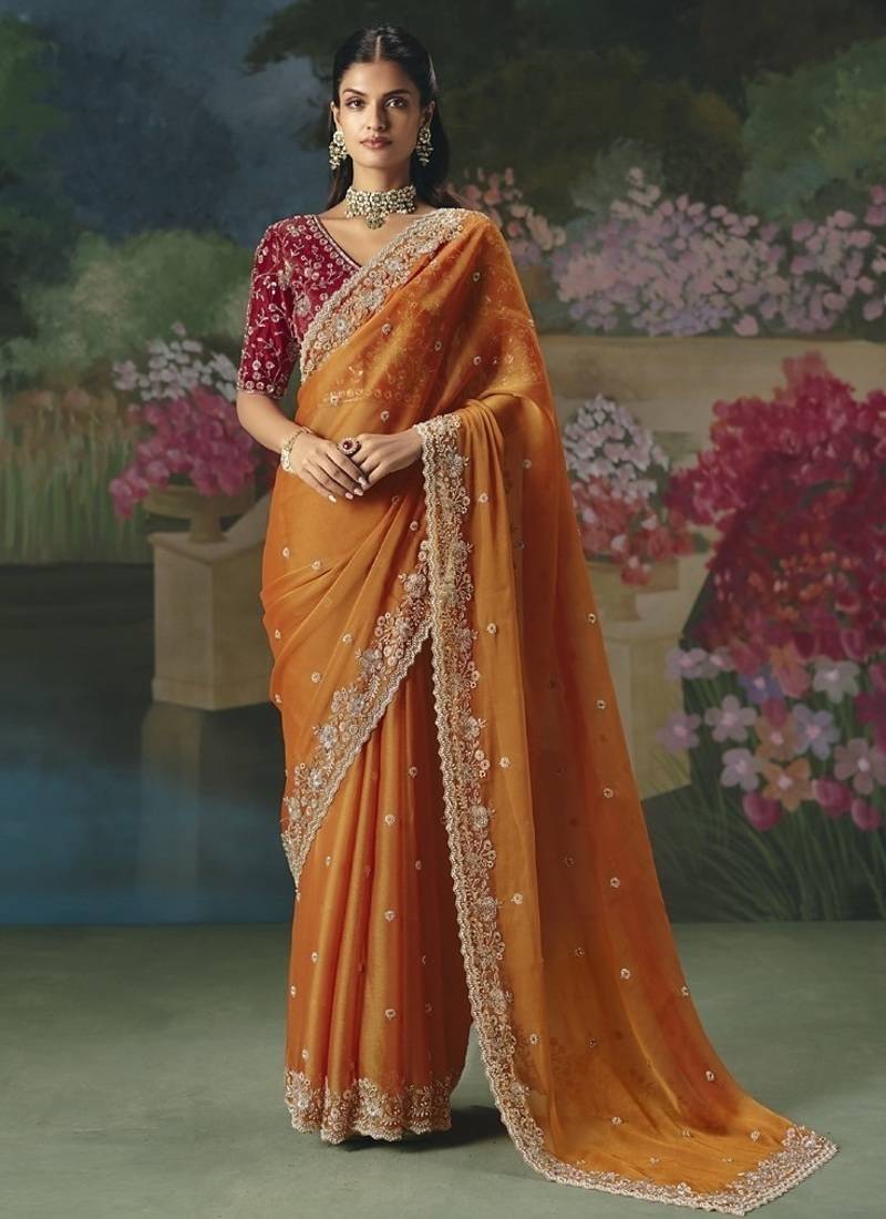 Orange premium fancy heavy beads work saree