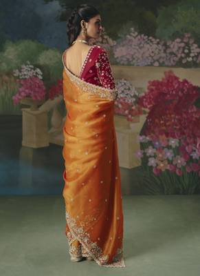 Orange premium fancy heavy beads work saree 2