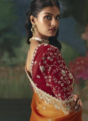 Orange premium fancy heavy beads work saree 3