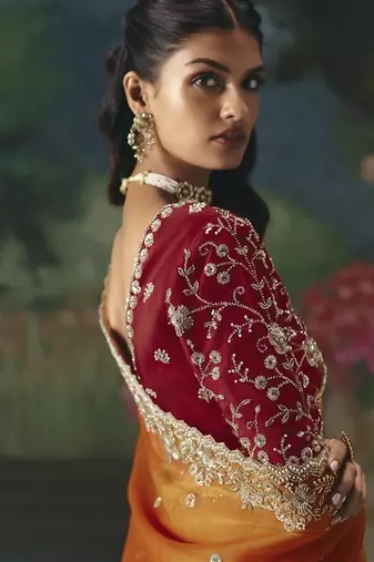 Orange premium fancy heavy beads work saree