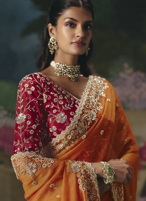 Orange premium fancy heavy beads work saree 4