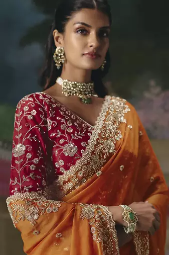 Orange premium fancy heavy beads work saree