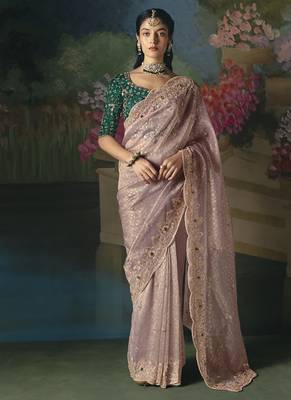 Baby pink premium fancy heavy beads work saree 1