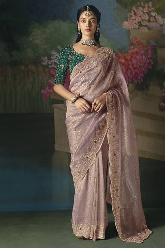 Baby pink premium fancy heavy beads work saree