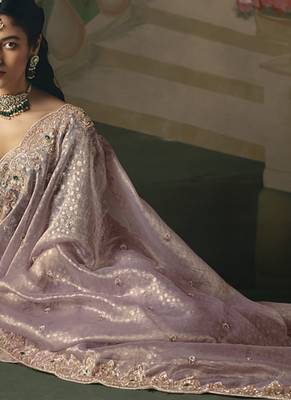 Baby pink premium fancy heavy beads work saree 2