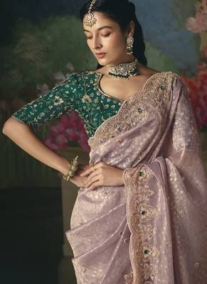 Baby pink premium fancy heavy beads work saree 3