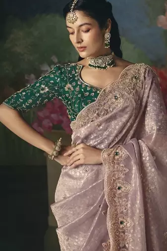 Baby pink premium fancy heavy beads work saree