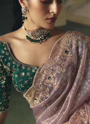 Baby pink premium fancy heavy beads work saree 5