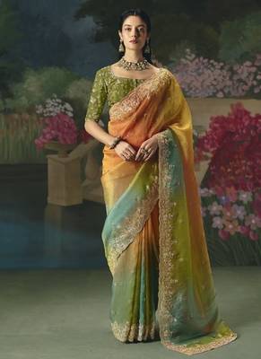 Multicolor premium fancy heavy beads work saree 1