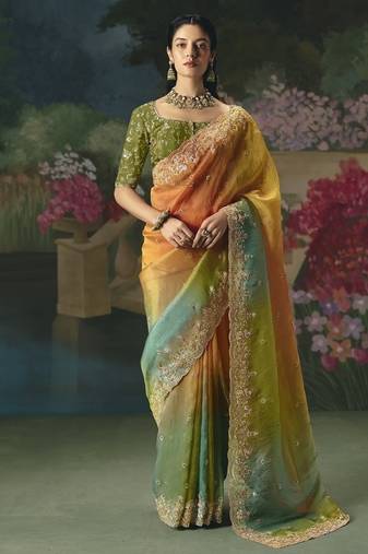 Multicolor premium fancy heavy beads work saree