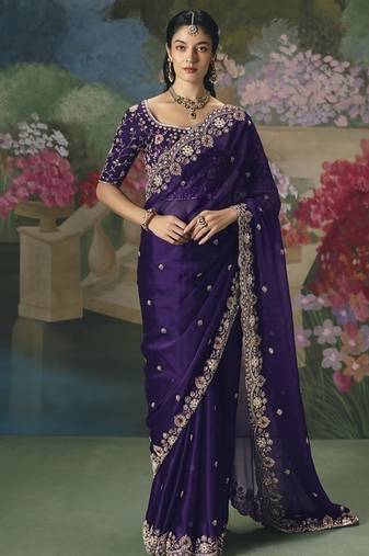 Blue premium fancy heavy beads work saree