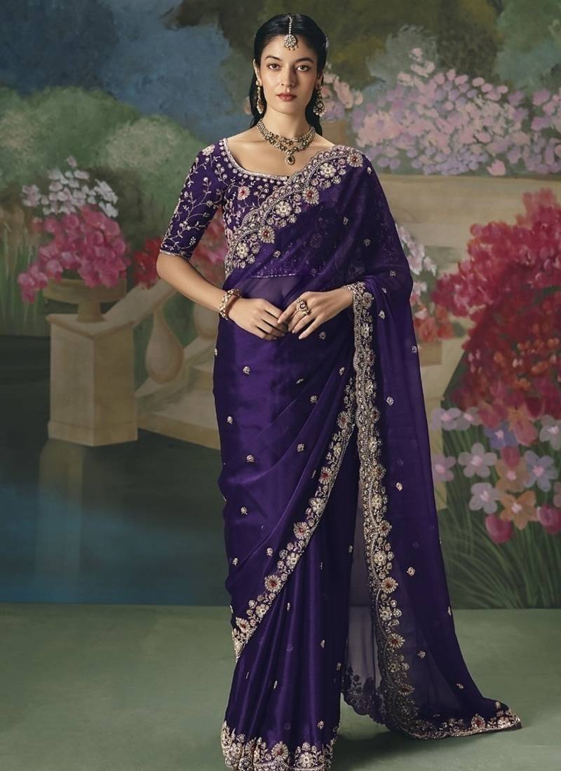 Blue premium fancy heavy beads work saree