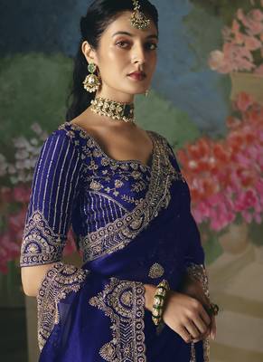 Blue premium fancy heavy beads work saree 3
