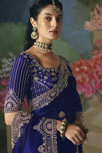 Blue premium fancy heavy beads work saree
