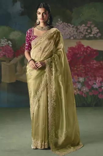 Olive premium fancy heavy beads work saree