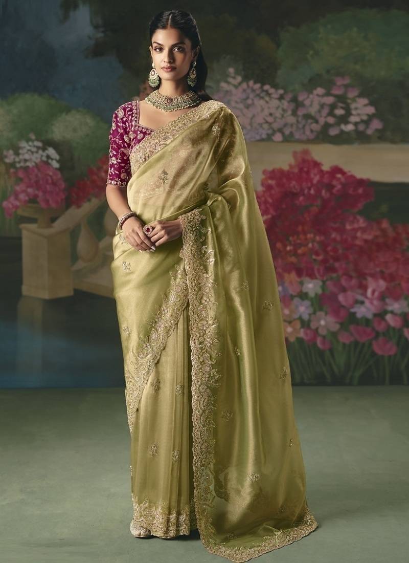 Olive premium fancy heavy beads work saree
