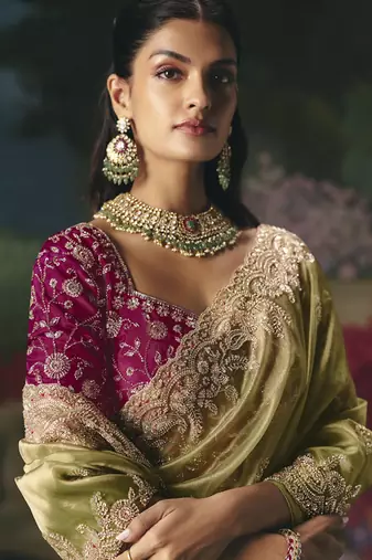 Olive premium fancy heavy beads work saree