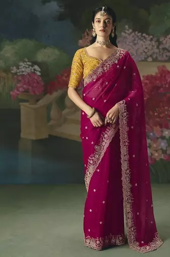 Rani pink premium fancy heavy beads work saree