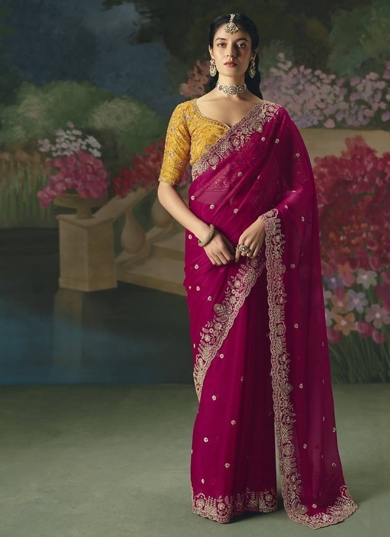 Rani pink premium fancy heavy beads work saree