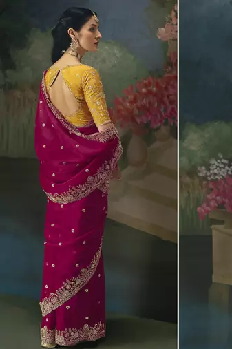 Rani pink premium fancy heavy beads work saree