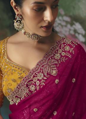 Rani pink premium fancy heavy beads work saree 3