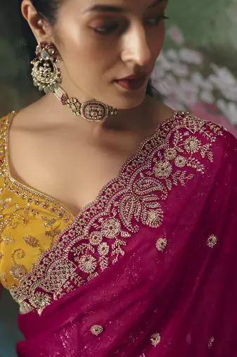 Rani pink premium fancy heavy beads work saree