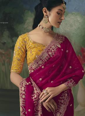 Rani pink premium fancy heavy beads work saree 4