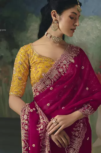 Rani pink premium fancy heavy beads work saree