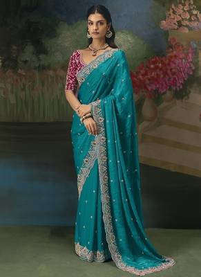 Sky blue premium fancy heavy beads work saree 1