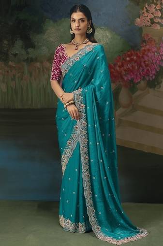Sky blue premium fancy heavy beads work saree