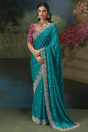 Sky blue premium fancy heavy beads work saree